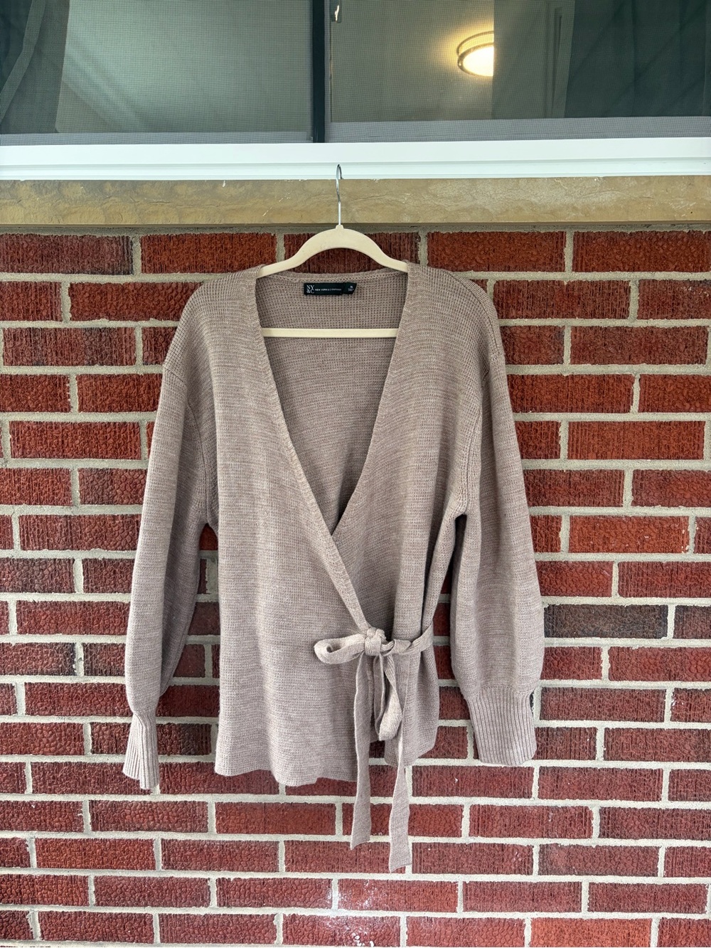 New York & Company Taupe Wrap-Front Knit Cardigan
